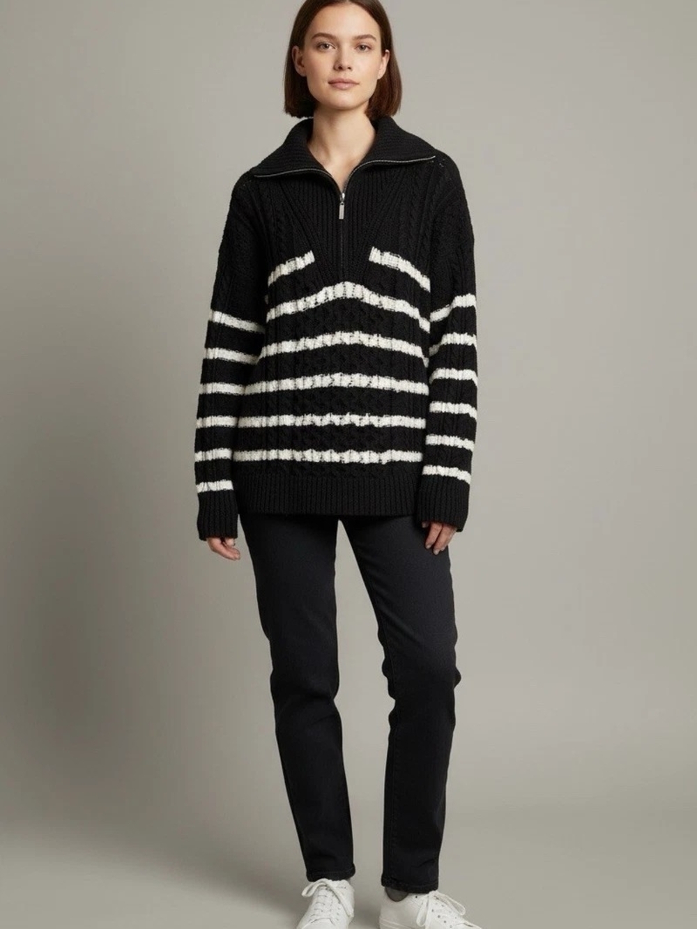 La Ligne x Target Striped Cable Knit Quarter Zip Sweater Black 1X